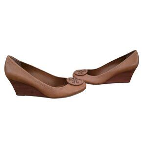 Tory Burch Sally Pebble Leather Camel Wedge Heels 8.5